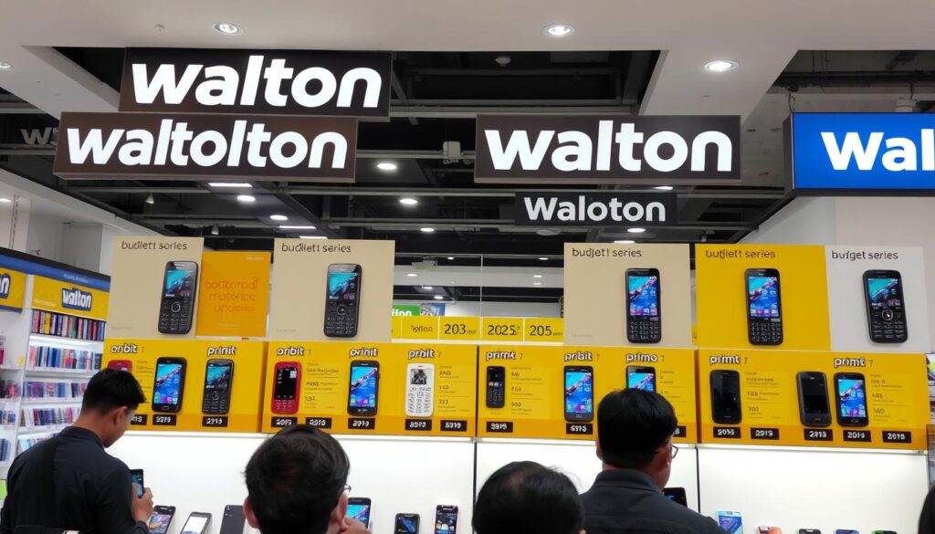 Budget Walton mobile phones with price tags displayed in a Bangladesh retail store