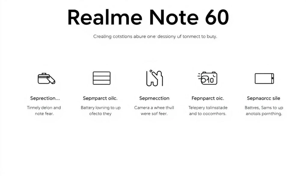 Common questions about Realme Note 60 illustrated with icons