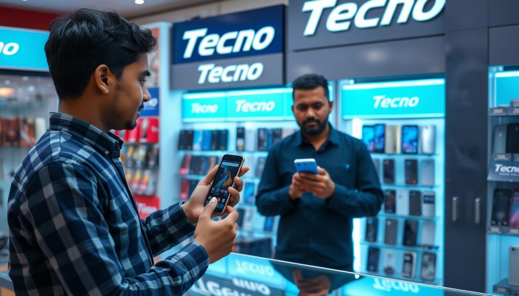 Customer buying Tecno mobile phone at an authorized retailer in Bangladesh