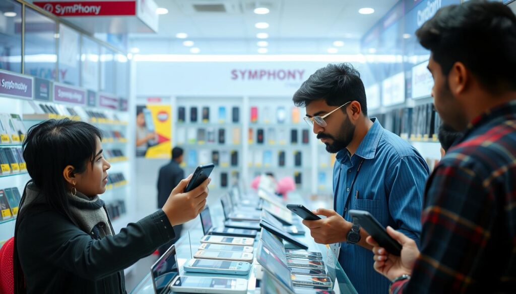 Customer checking Symphony mobile phones at a retail store in Bangladesh