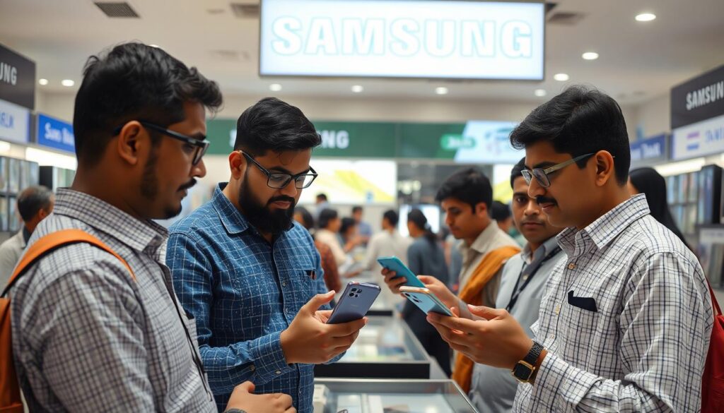 Customer comparing Samsung phones in a Bangladesh retail store