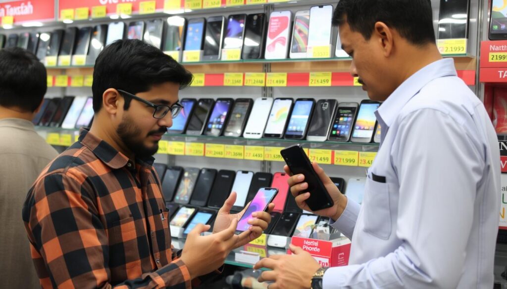 Customer comparing mobile phones in a Bangladesh store Customer comparing mobile phones in a Bangladesh store
