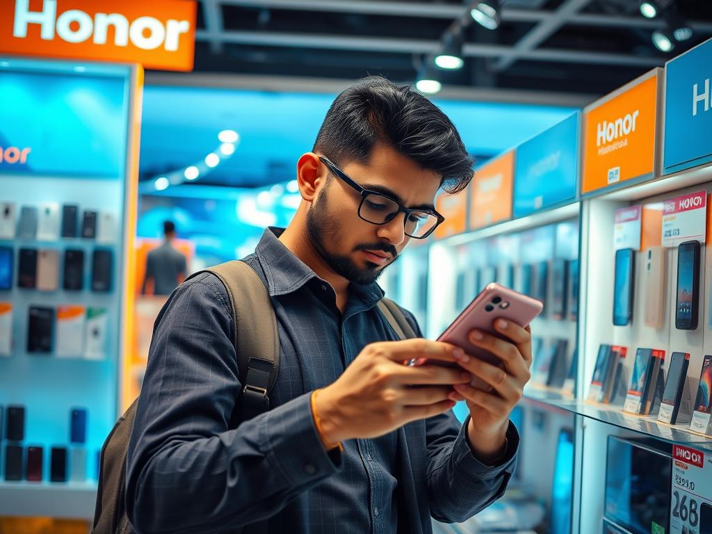Customer examining Honor mobile phone specifications in a Bangladesh retail store