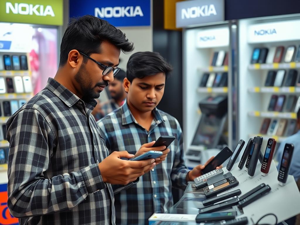 Customer examining Nokia phones at a retail store in Bangladesh