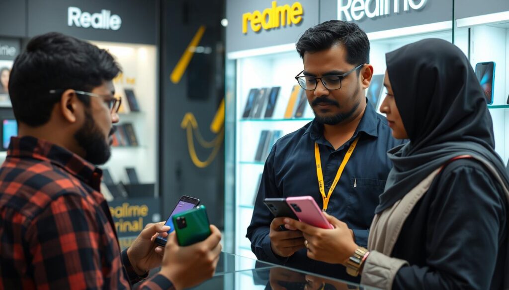Customer examining Realme phones in a Bangladesh mobile shop