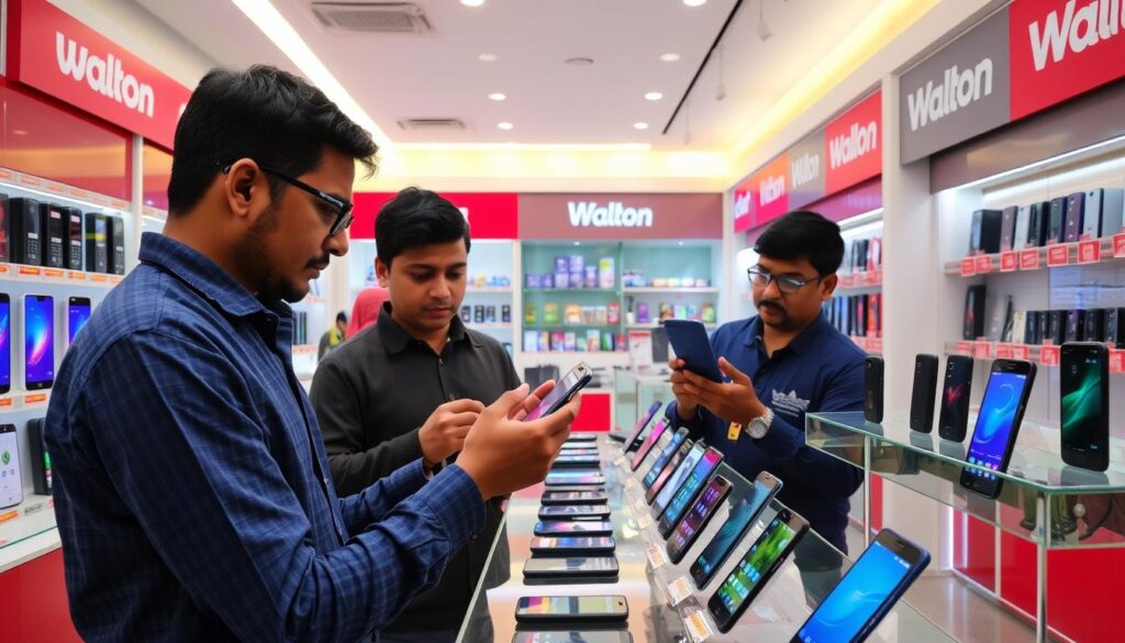 Customer examining Walton mobile phones in a Bangladesh retail store with price tags