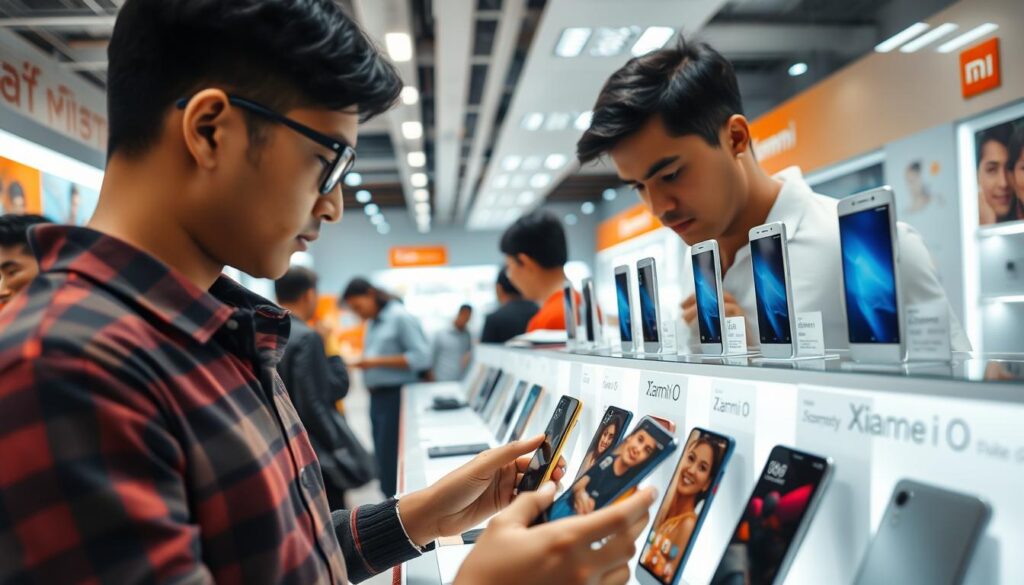 Customer examining Xiaomi phones at a retail store in Bangladesh Customer examining Xiaomi phones at a retail store in Bangladesh