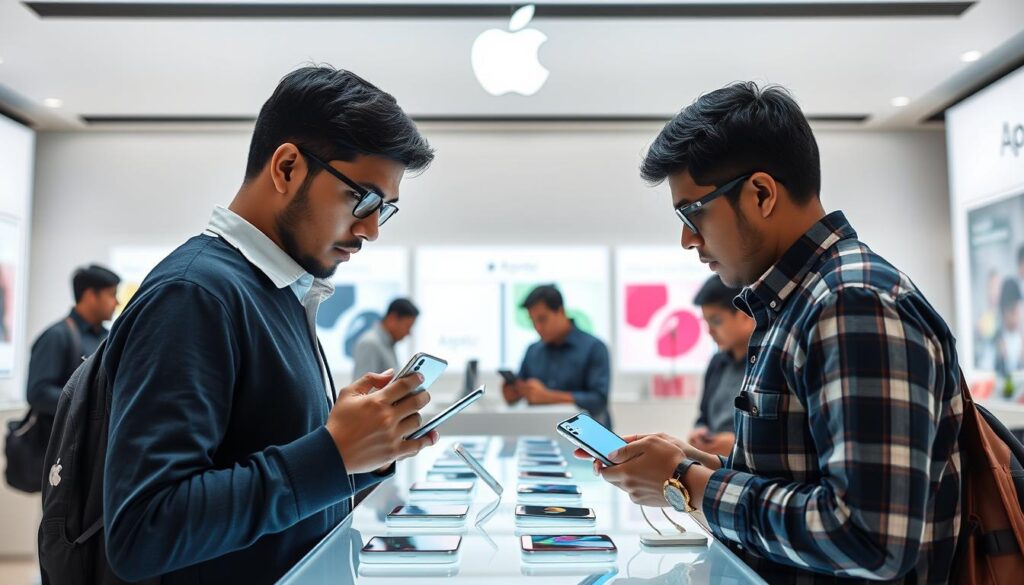 Customer examining iPhones at an authorized retailer in Bangladesh