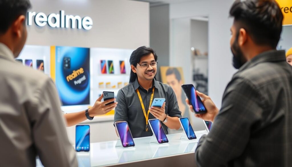 Customer service representative explaining Realme phone features to a customer