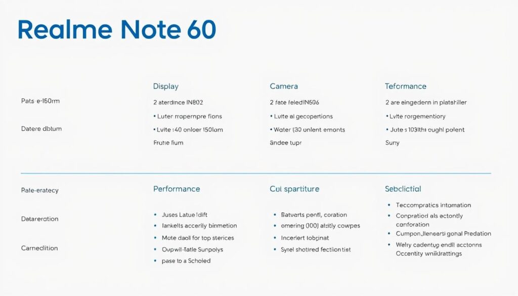 Detailed technical specifications of Realme Note 60 displayed with icons