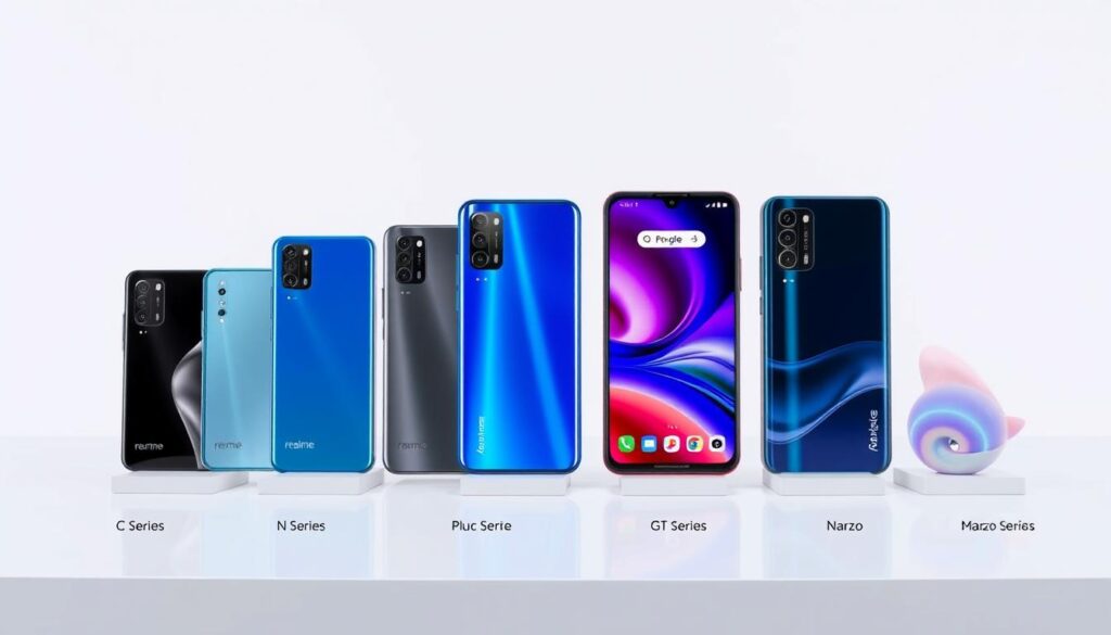Different Realme phone series displayed together with their distinctive features