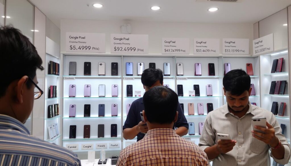 Google Pixel phones displayed in a Bangladesh mobile shop