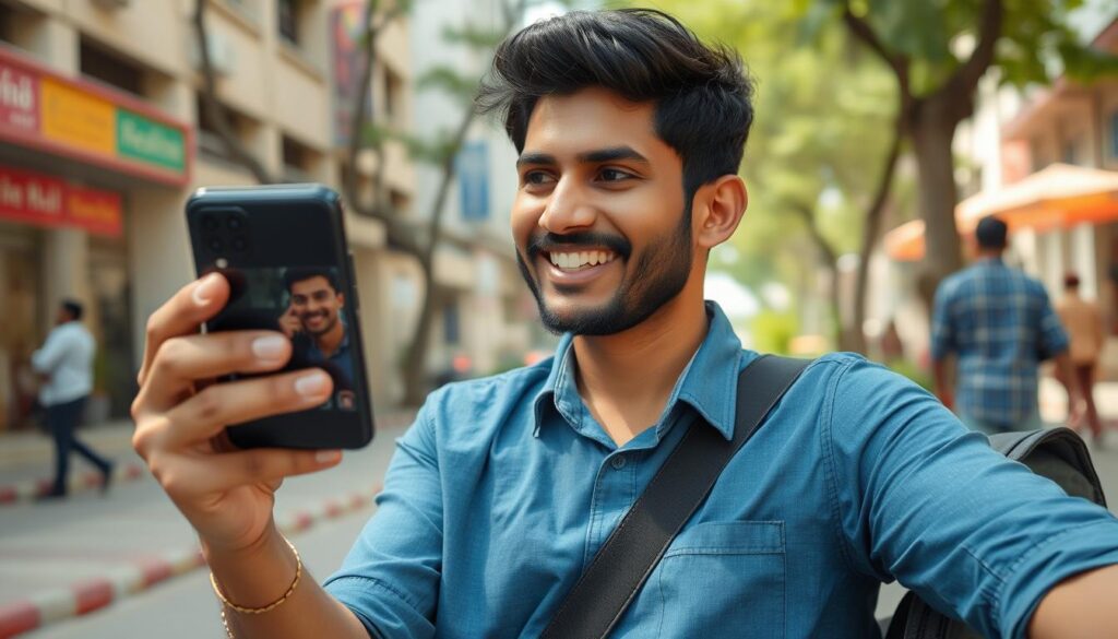 Happy customer using a new Realme smartphone in Bangladesh