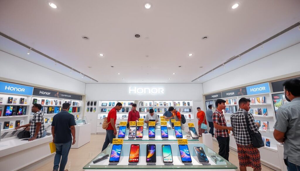Honor mobile phone display in a Bangladesh retail store with price tags