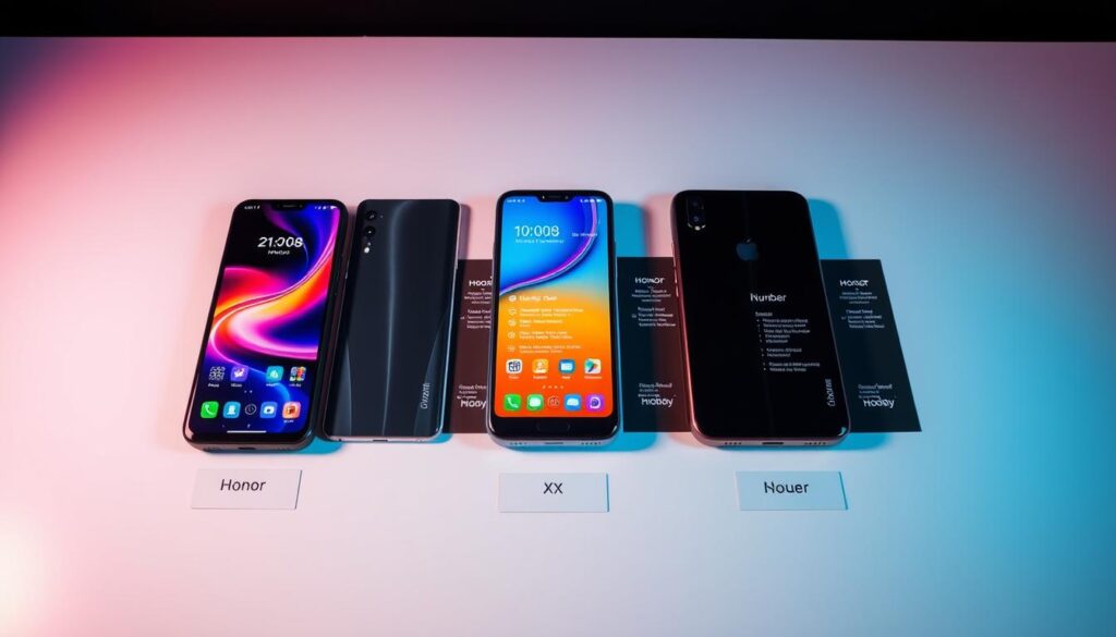 Honor mobile phones from different series displayed side by side for comparison