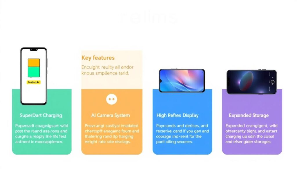 Key features of Realme smartphones highlighted with visual elements