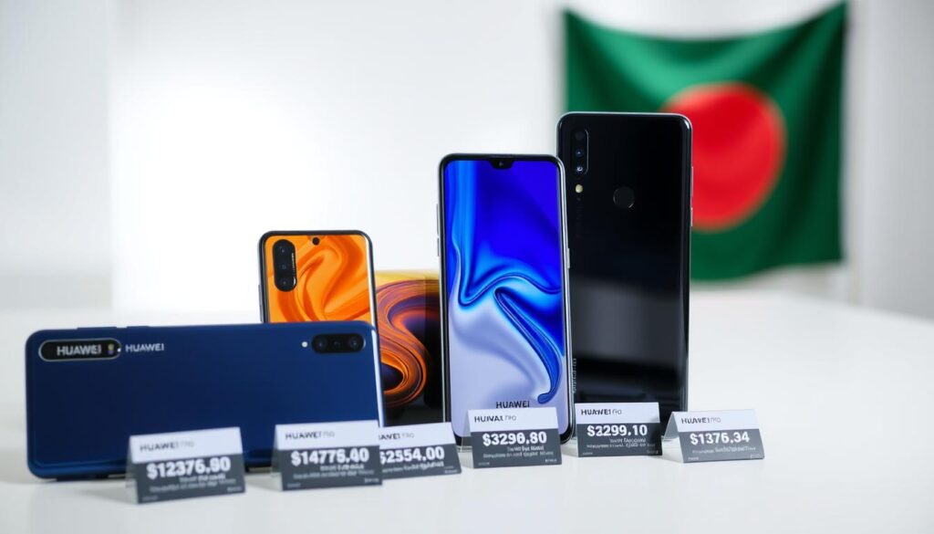 Latest Huawei smartphones displayed with price tags in Bangladesh currency
