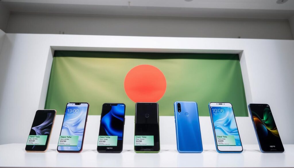 Latest Oppo smartphone models displayed with price tags in Bangladesh
