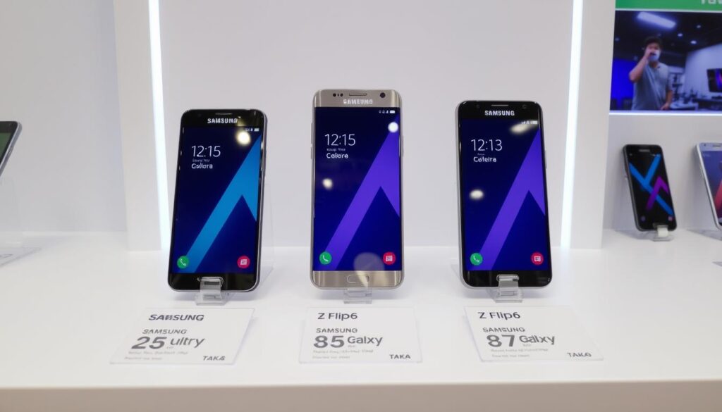 Latest Samsung mobile phones displayed with price tags in Bangladesh