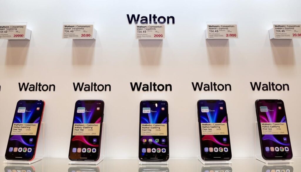 Latest Walton mobile phones displayed with price tags in Bangladesh 2025