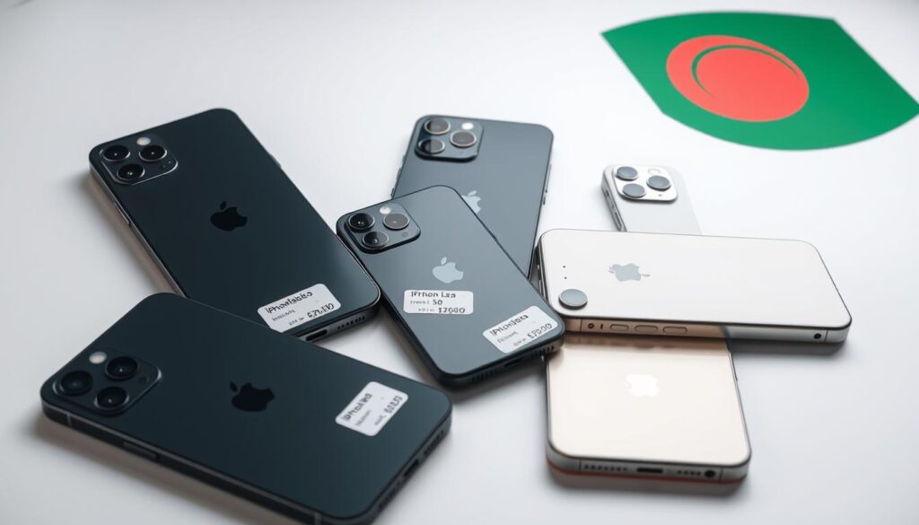 Latest iPhone models displayed with price tags in Bangladesh