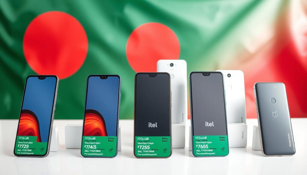 Latest itel mobile phones displayed with price tags in Bangladesh 2025
