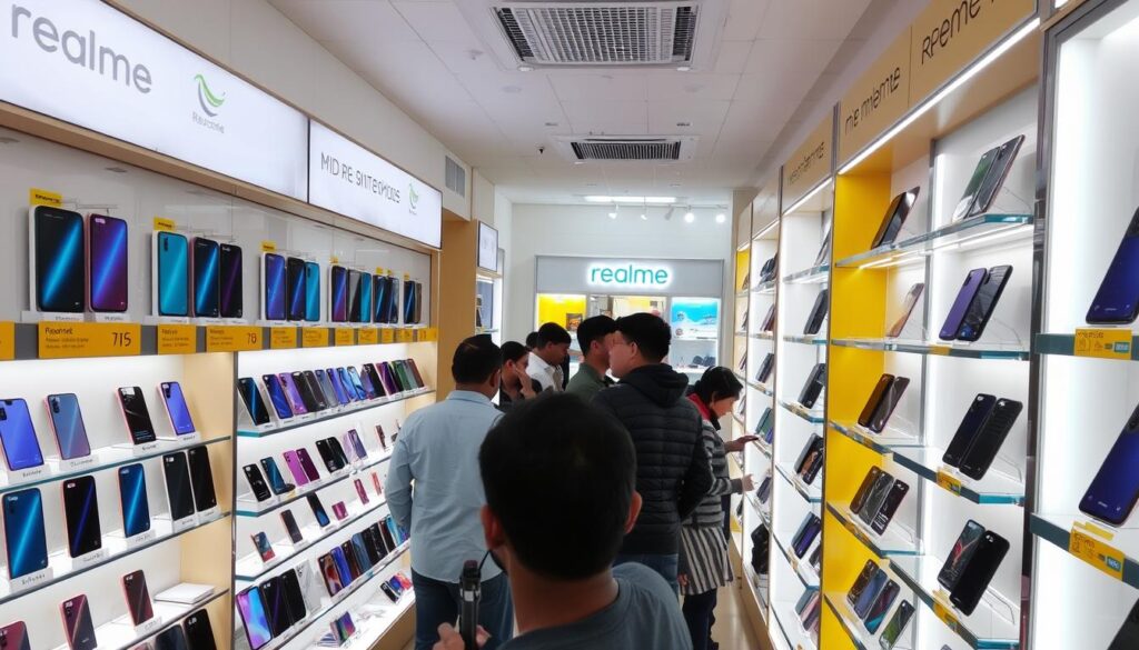 Mid-range Realme smartphones displayed in a Bangladesh mobile store