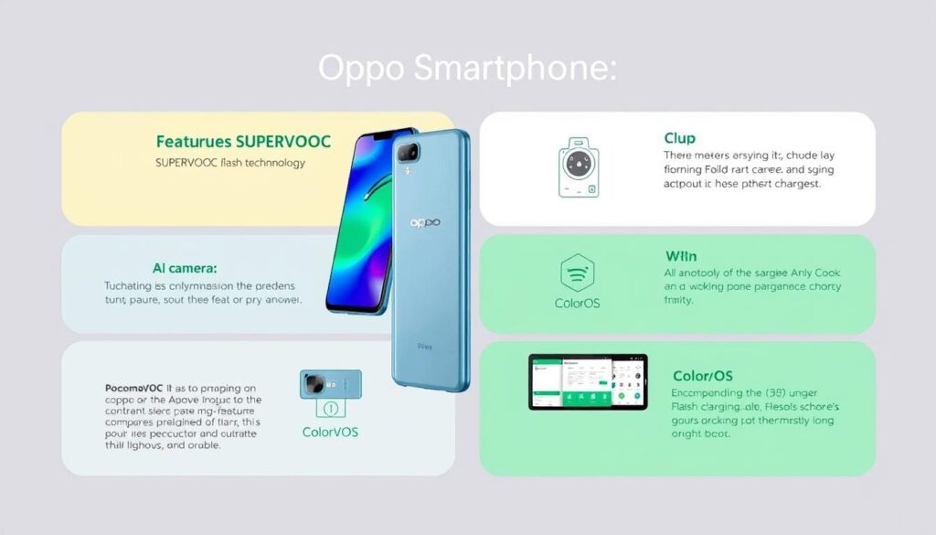 Oppo smartphone features including camera, display, and fast charging technology