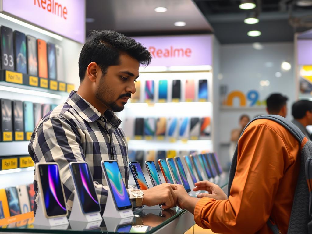 Person comparing different Realme phone models in a Bangladesh mobile shop