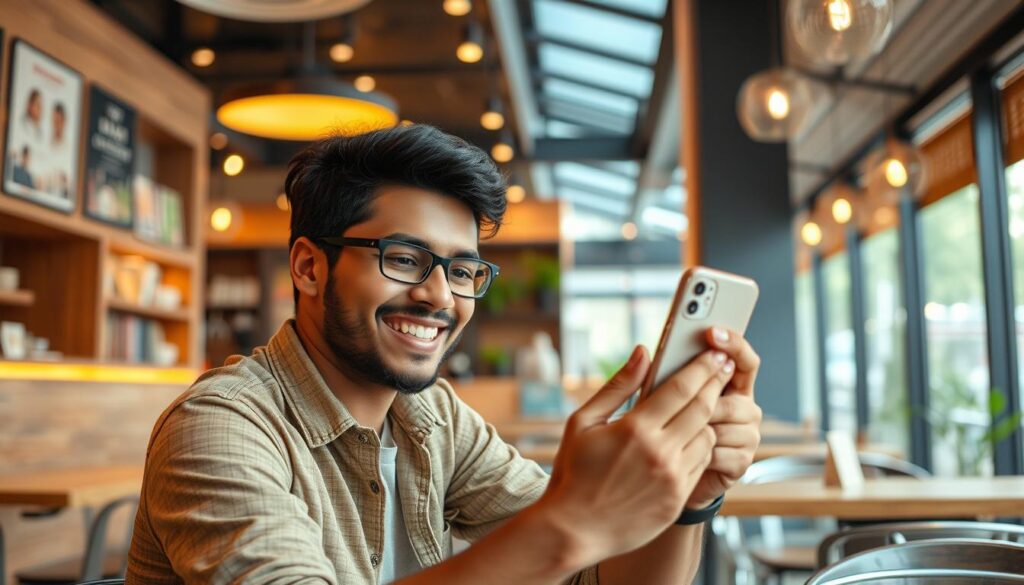 Person happily using new iPhone in Bangladesh
