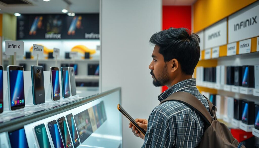 Person shopping for Infinix smartphones in a Bangladesh retail store