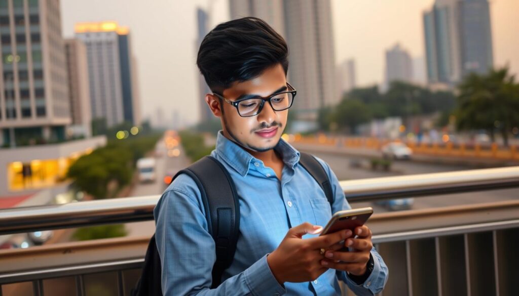 Person using a smartphone in Bangladesh with Dhaka cityscape in background Person using a smartphone in Bangladesh with Dhaka cityscape in background