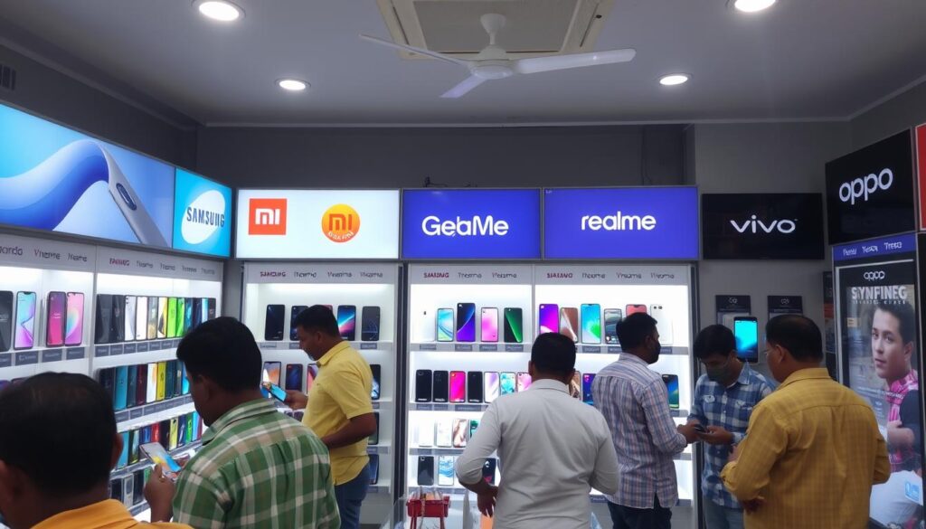 Popular mobile phone brands displayed in a Bangladesh electronics store Popular mobile phone brands displayed in a Bangladesh electronics store