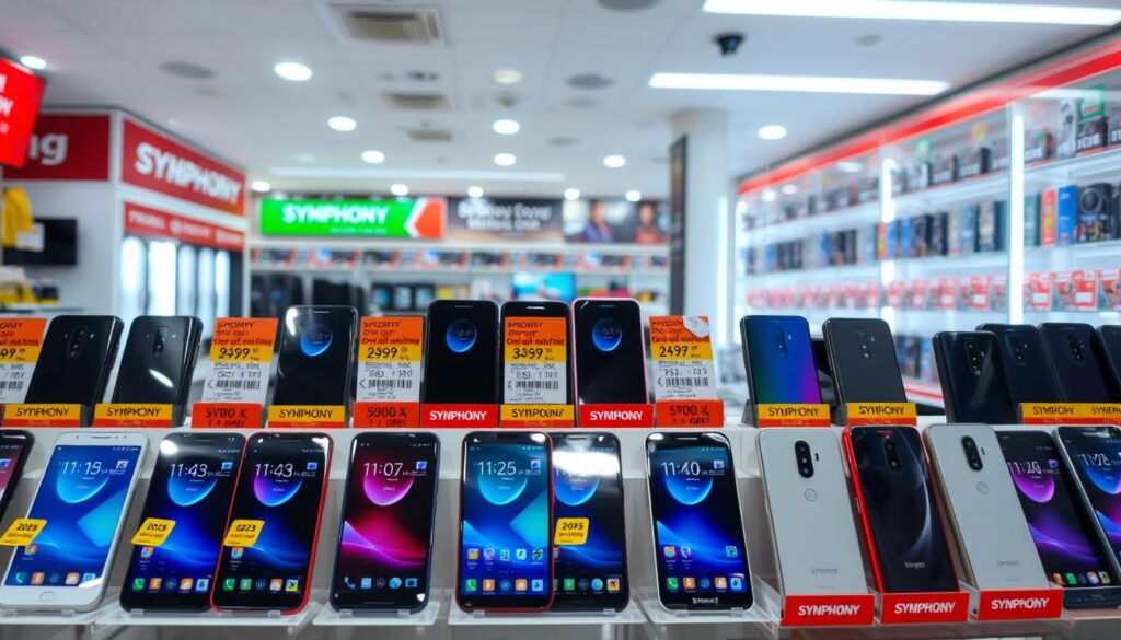 Symphony mobile phones displayed with price tags in Bangladesh