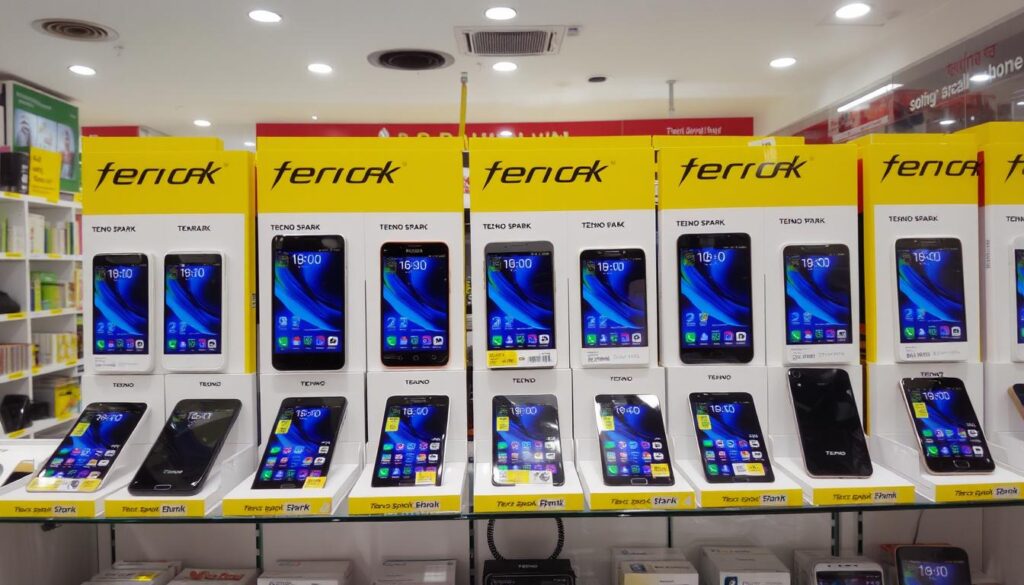 Tecno Spark series phones displayed with price tags in Bangladesh currency