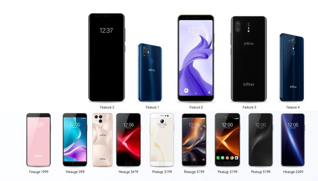 Various Infinix smartphone models showcasing different features and price points in Bangladesh