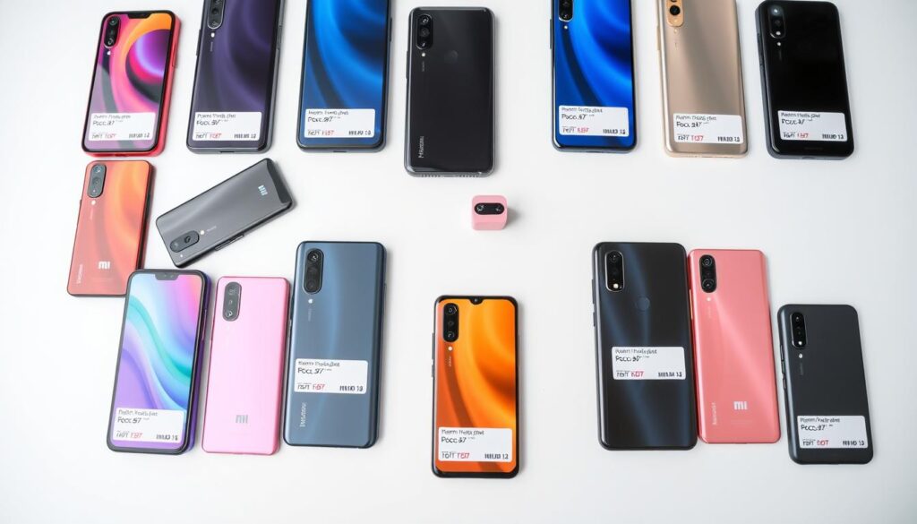 Various Xiaomi smartphone models displayed with price tags in Bangladeshi Taka