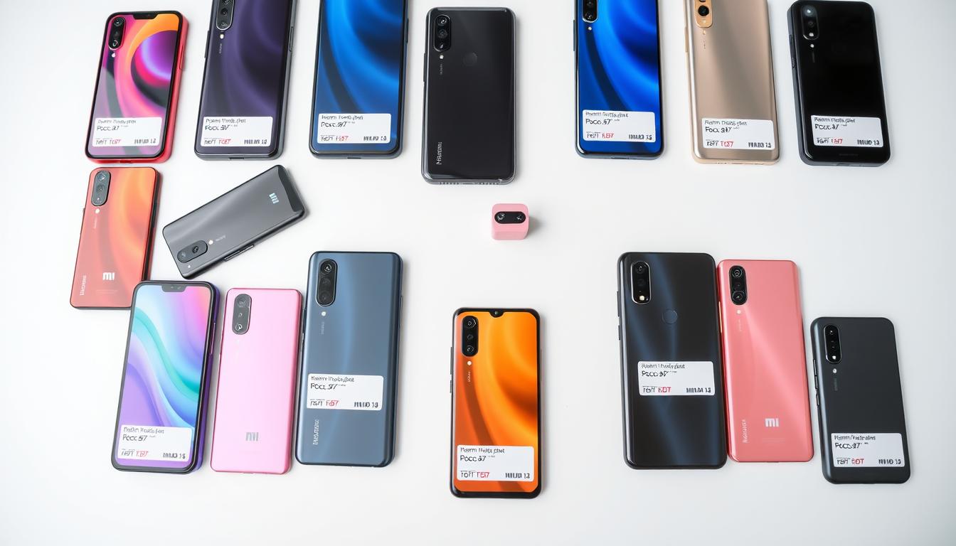 Various Xiaomi smartphone models displayed with price tags in Bangladeshi Taka