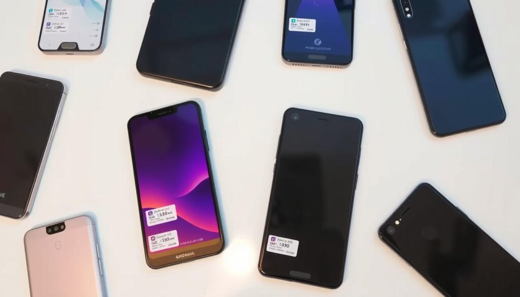 Various smartphones displaying price tags in Bangladesh currency