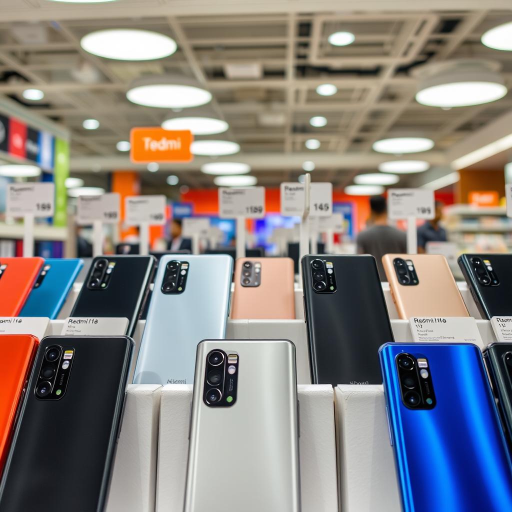 Xiaomi Redmi series phones displayed with price tags in Bangladesh Xiaomi Redmi series phones displayed with price tags in Bangladesh