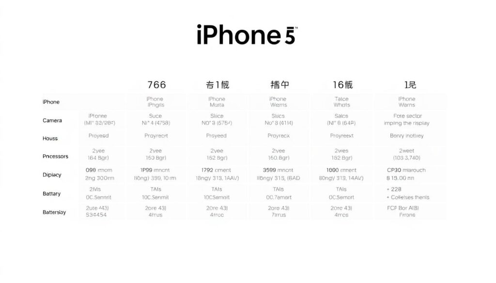 iPhone specifications comparison chart showing key features of different models
